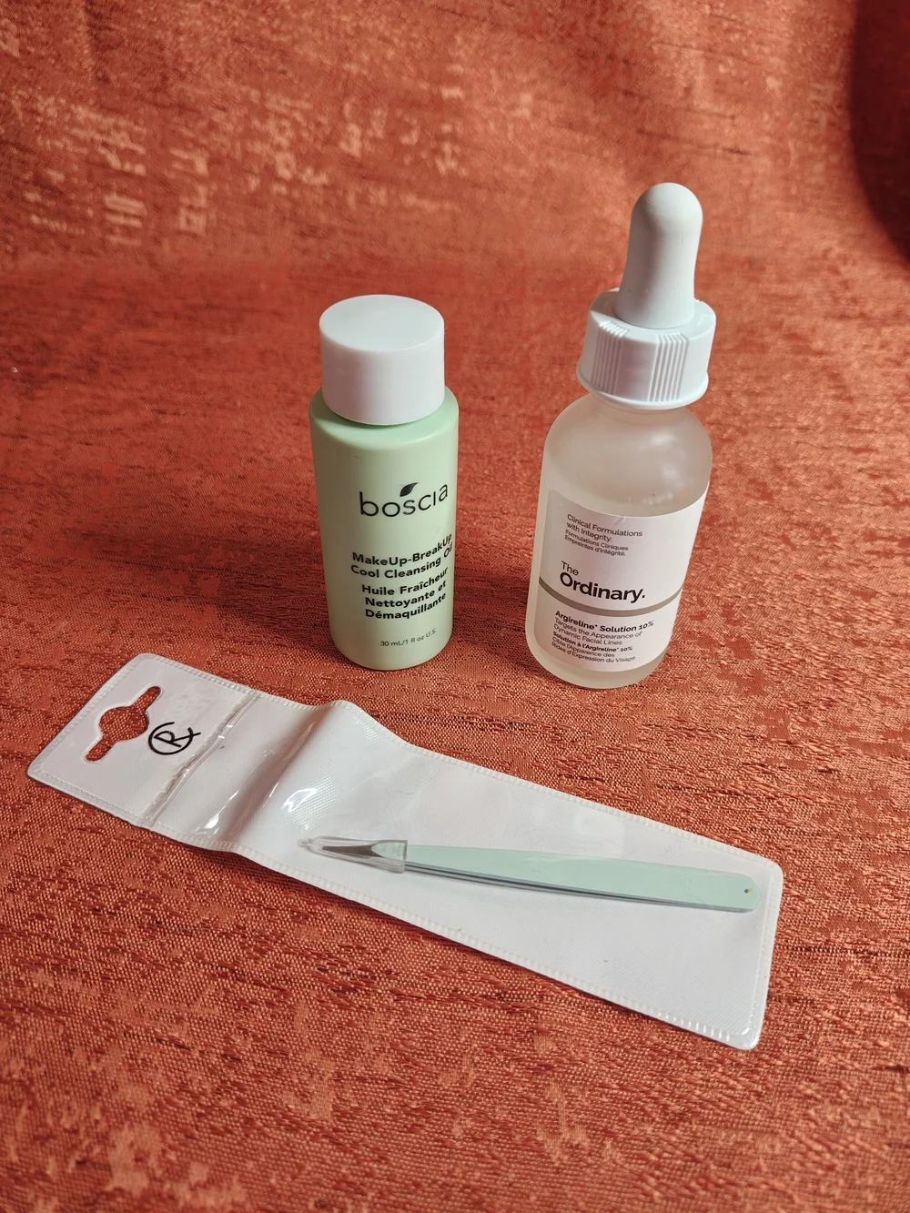 Boscia  Cleansing Oil, The Ordinary Argireline 10%, Tweezers